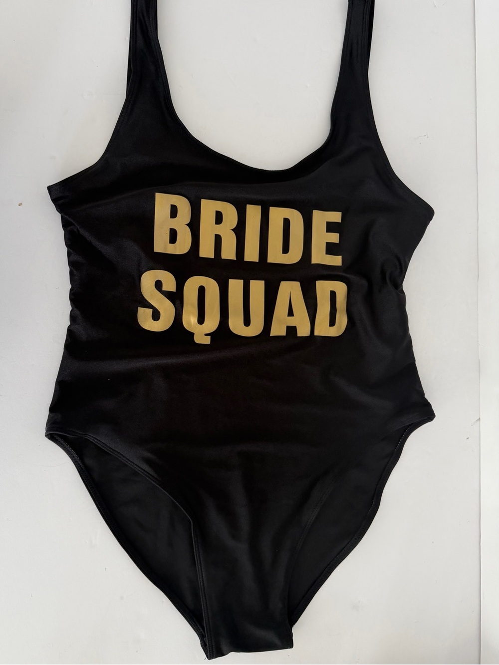 Black 'Bride Squad' One-Piece Swimsuit with Gold Print